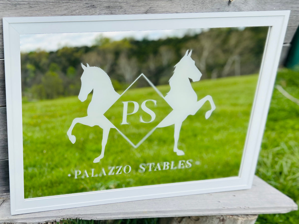 Custom Horse Farm Mirror|Large Stables Design Mirror|Personalized Logo Mirror|Custom Engraved Mirror|Etched Mirror|White 2x3’ Wall Mirror