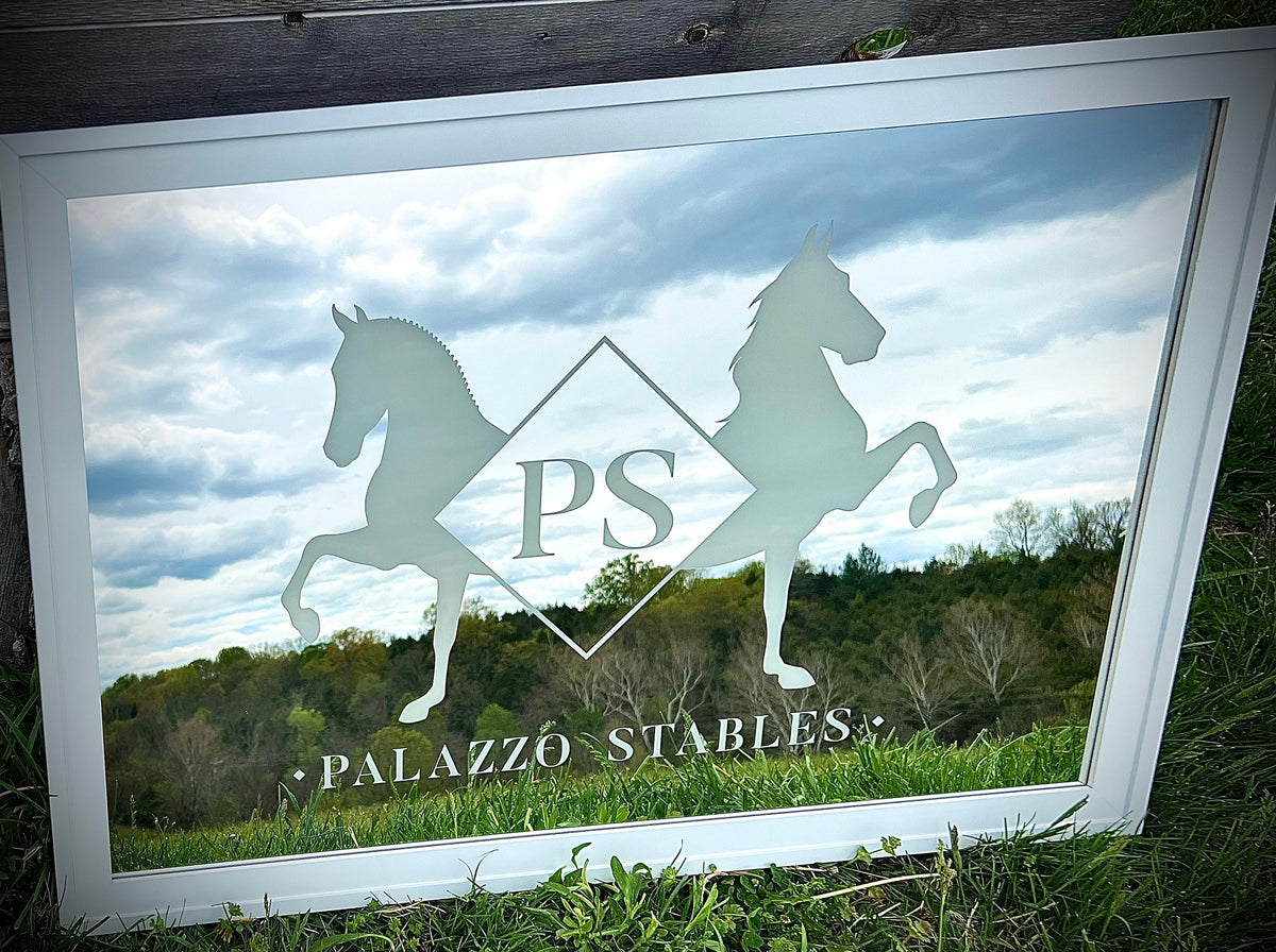 Custom Horse Farm Mirror|Large Stables Design Mirror|Personalized Logo Mirror|Custom Engraved Mirror|Etched Mirror|White 2x3’ Wall Mirror