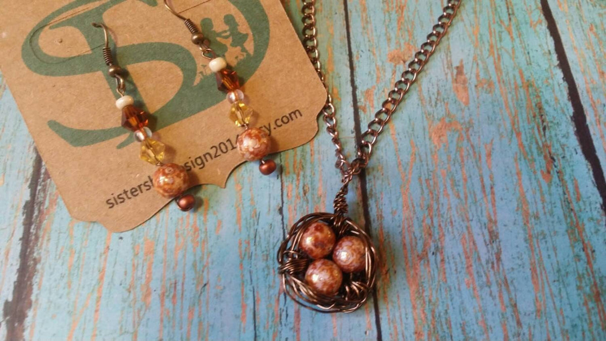 Handmade Wire Wrapped Bronze Birds Nest Necklace with matching Earrings
