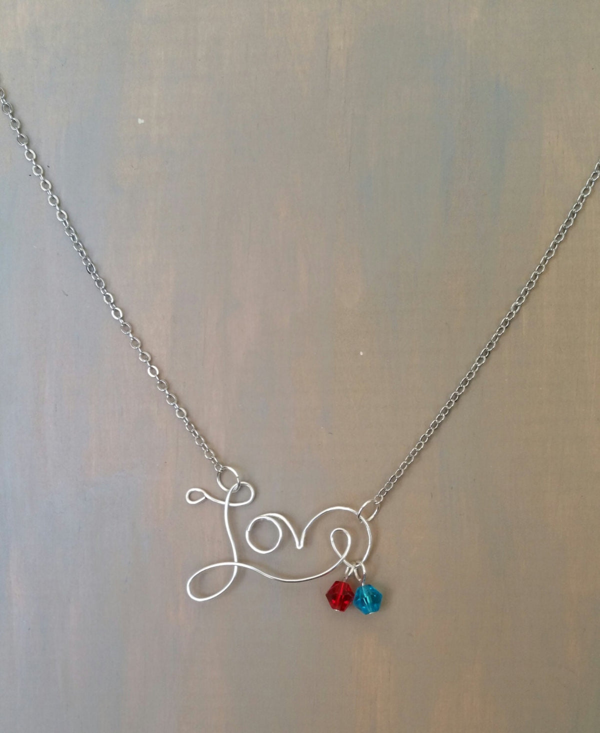 Silver Love Necklace with Glass Birthstone Beads