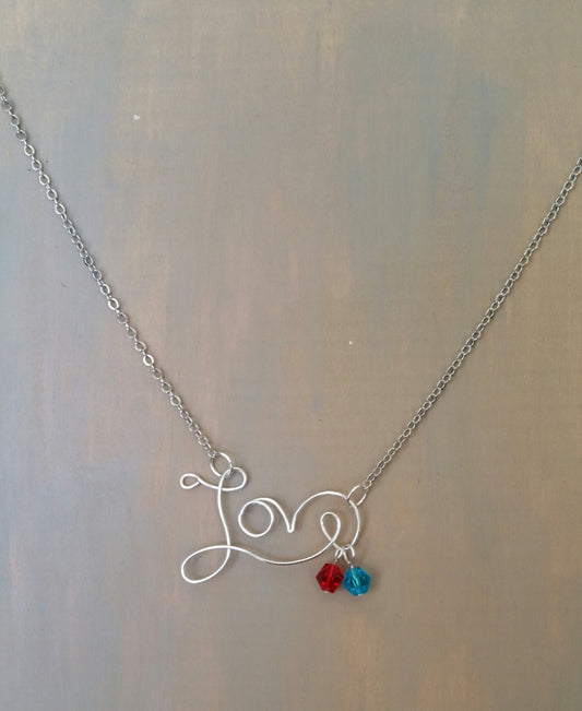 Silver Love Necklace with Glass Birthstone Beads
