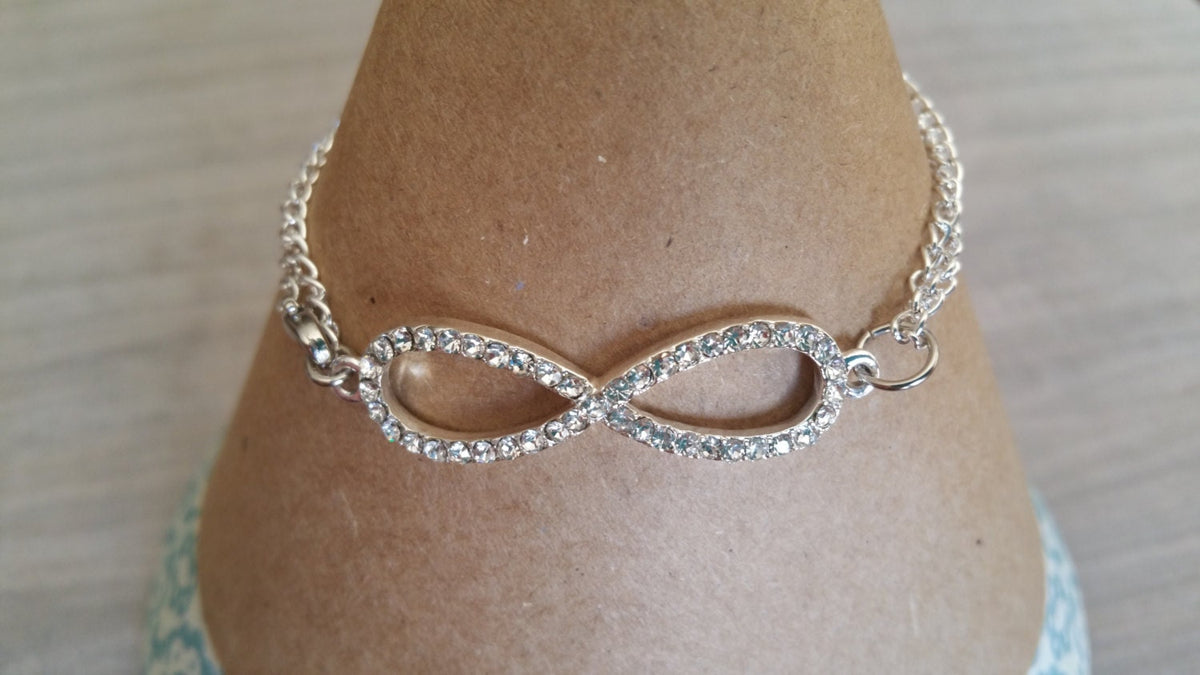 Jeweled Infinity Bracelet with Hand Stamped Heart Initial Charms
