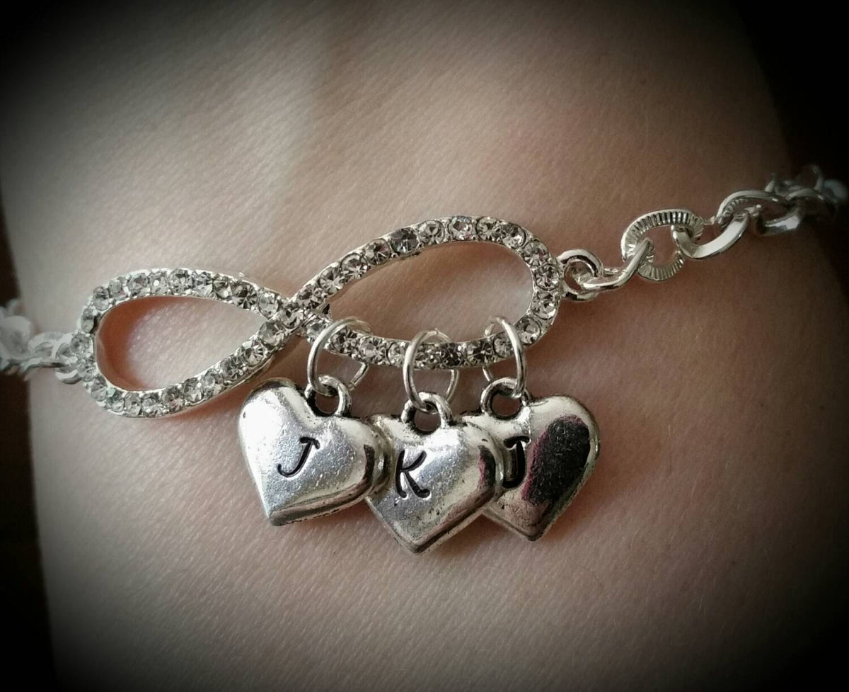 Jeweled Infinity Bracelet with Hand Stamped Heart Initial Charms