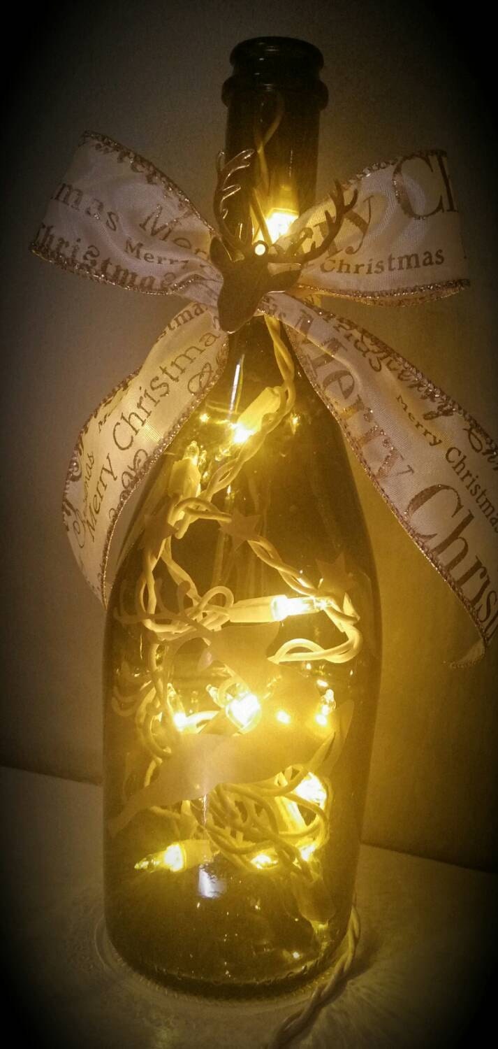 Green and Gold Reindeer Christmas Holiday Wine Bottle Lamp|Reindeer Decoration|Light up Christmas Decoration|Wine Bottle Lamp
