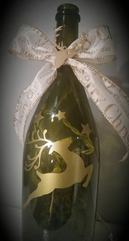 Green and Gold Reindeer Christmas Holiday Wine Bottle Lamp|Reindeer Decoration|Light up Christmas Decoration|Wine Bottle Lamp