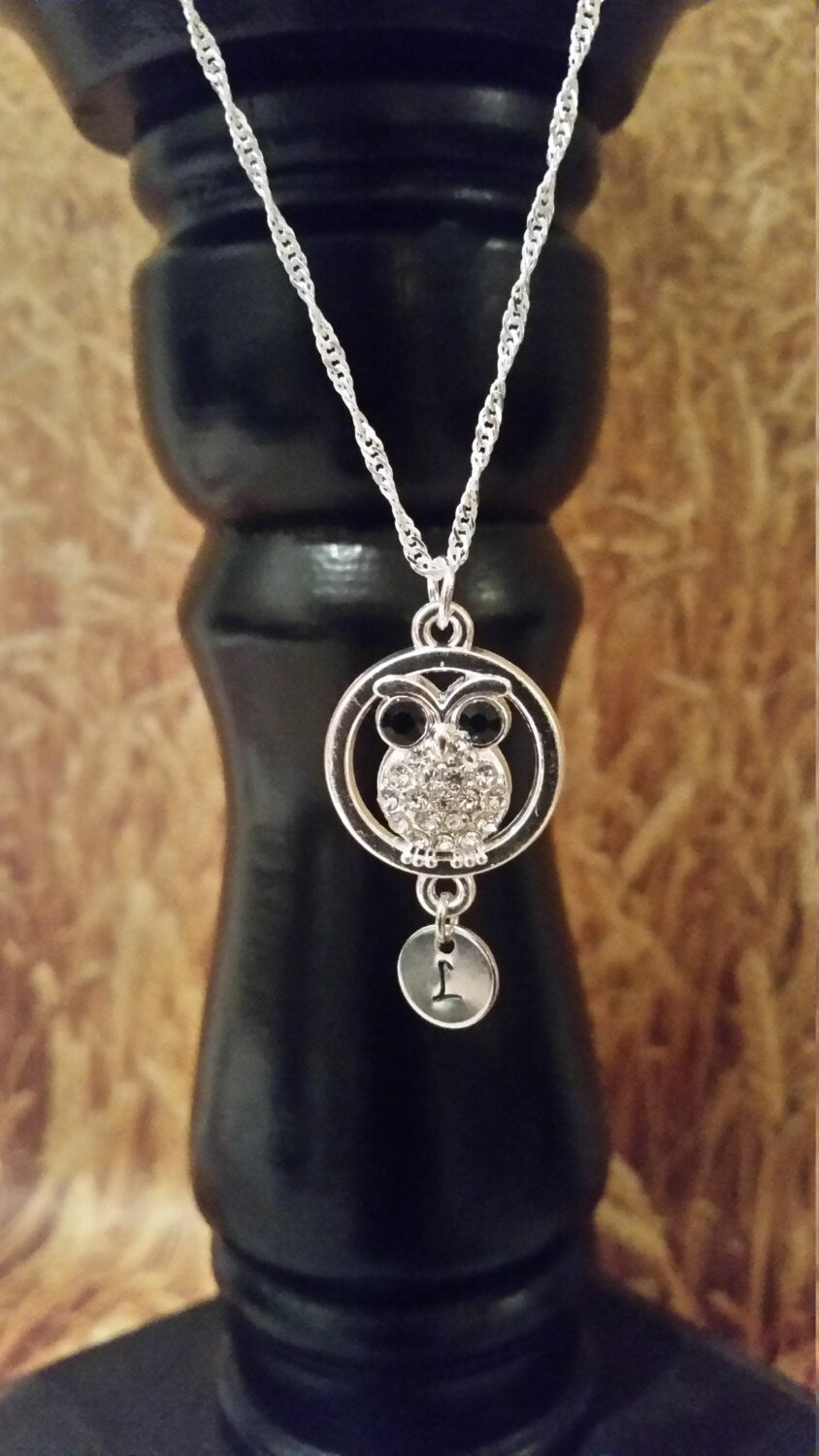 Personalized Owl Necklace with Hand Stamped Initial Charm